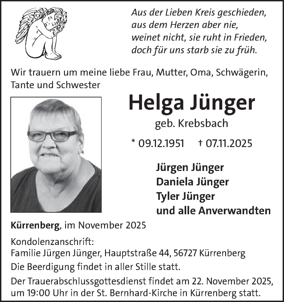  Traueranzeige für Helga Jünger vom 19.11.2025 aus WochenSpiegel