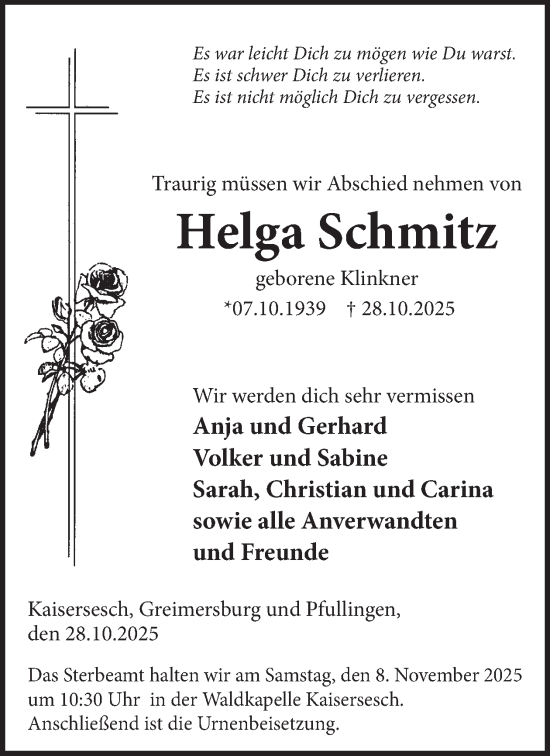 Traueranzeige von Helga Schmitz von WochenSpiegel