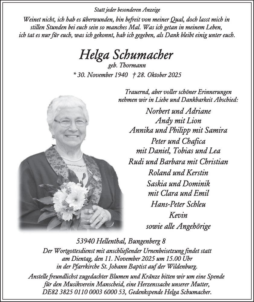  Traueranzeige für Helga Schumacher vom 05.11.2025 aus WochenSpiegel