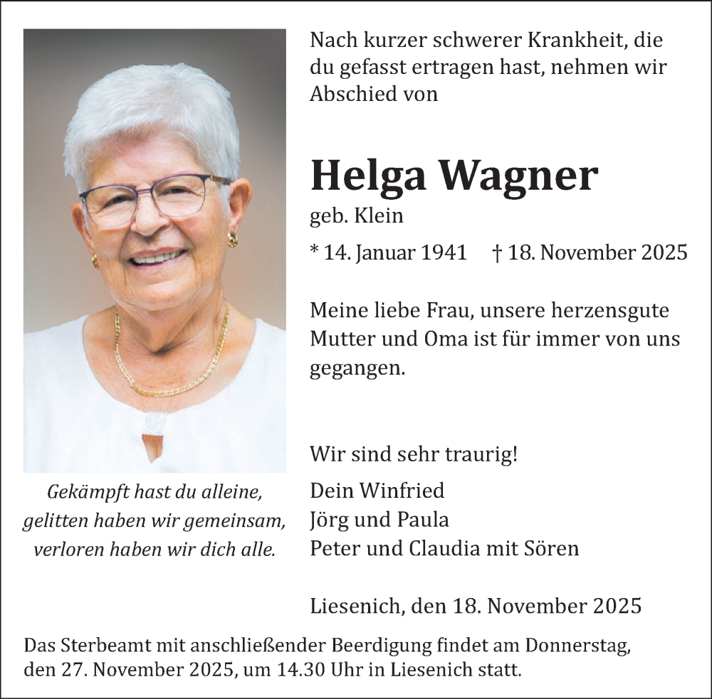  Traueranzeige für Helga Wagner vom 26.11.2025 aus WochenSpiegel