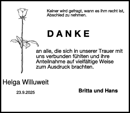 Traueranzeige von Helga Willuweit von WochenSpiegel
