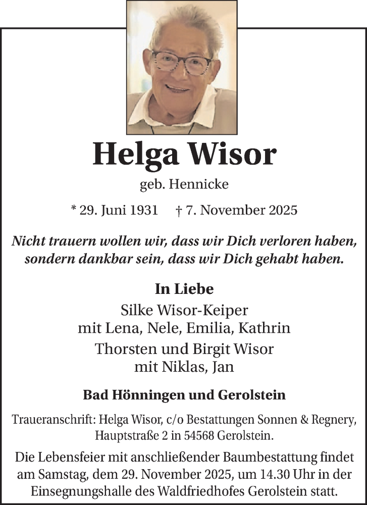  Traueranzeige für Helga Wisor vom 22.11.2025 aus WochenSpiegel
