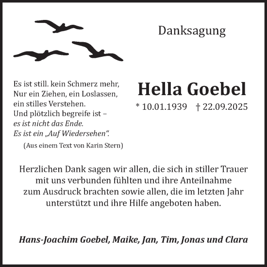 Traueranzeige von Hella Goebel von WochenSpiegel