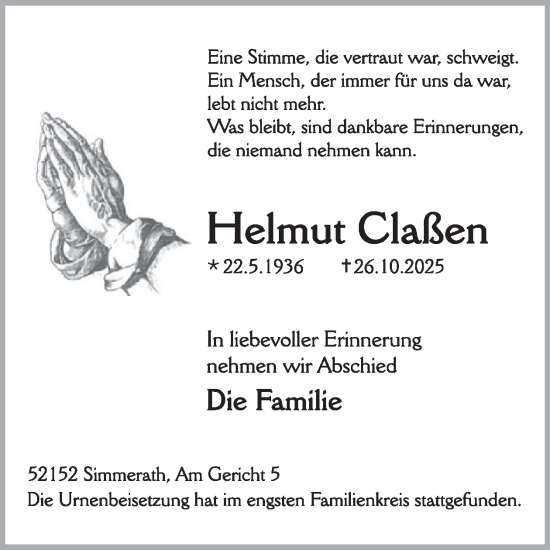 Traueranzeige von Helmut Claßen von WochenSpiegel