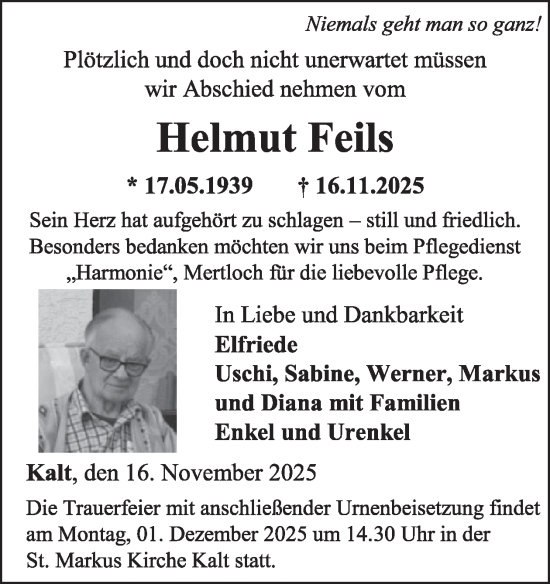 Traueranzeige von Helmut Feils von WochenSpiegel
