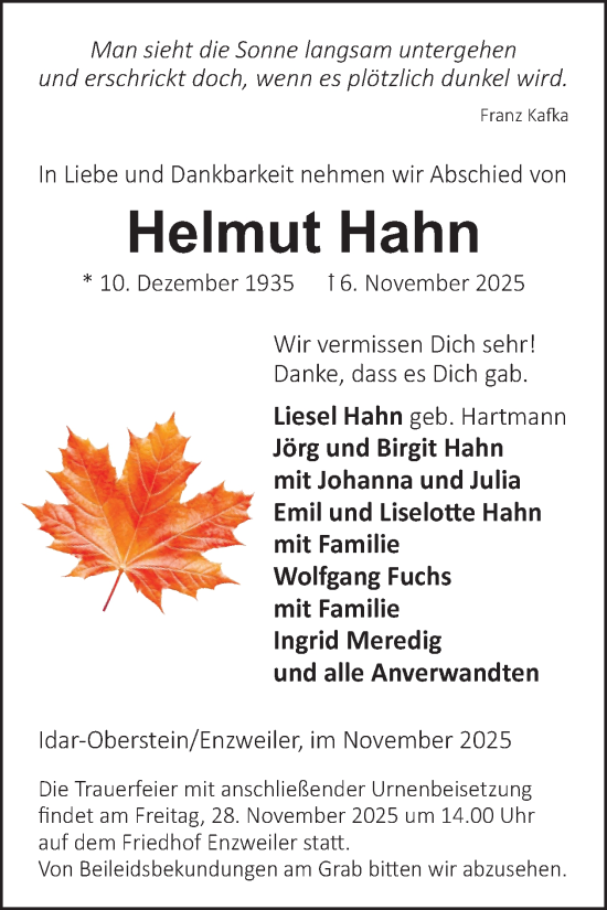 Traueranzeige von Helmut Hahn von WochenSpiegel