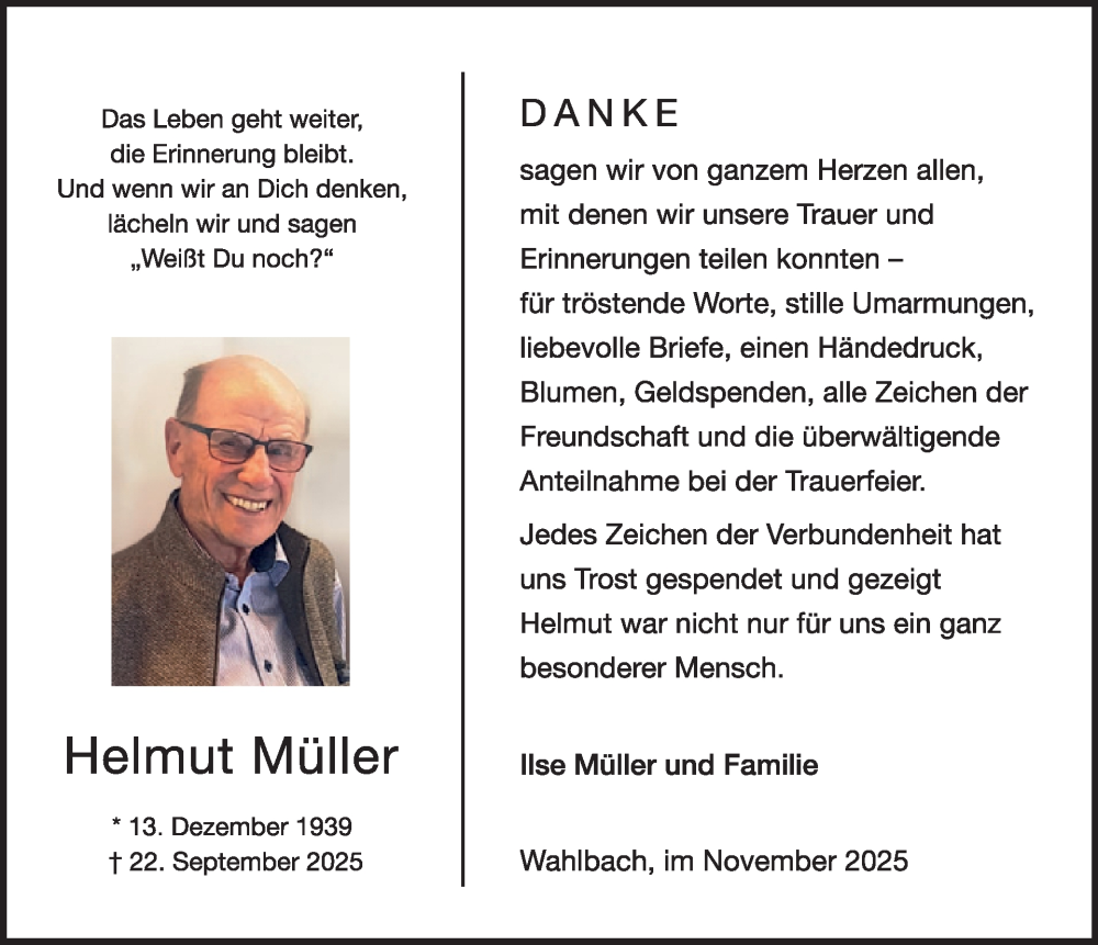  Traueranzeige für Helmut Müller vom 08.11.2025 aus WochenSpiegel