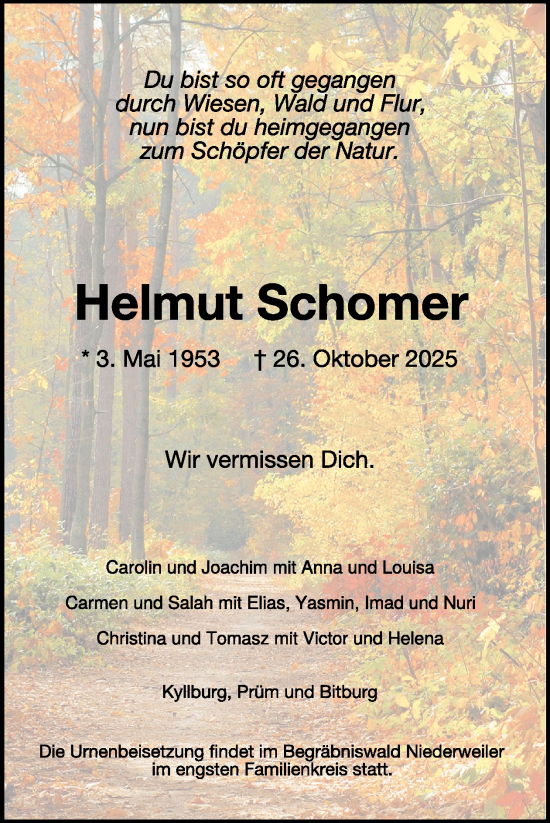 Traueranzeige von Helmut Schomer von WochenSpiegel