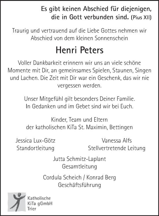 Traueranzeige von Henri Peters von WochenSpiegel