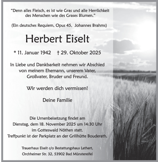 Traueranzeige von Herbert Eiselt von WochenSpiegel