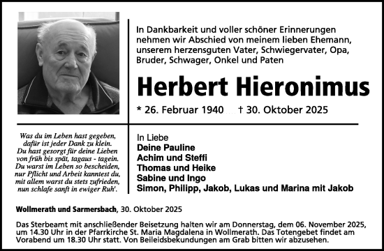 Traueranzeige von Herbert Hieronimus von WochenSpiegel