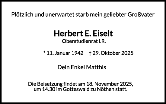 Traueranzeige von Herbert E. Eiselt von WochenSpiegel