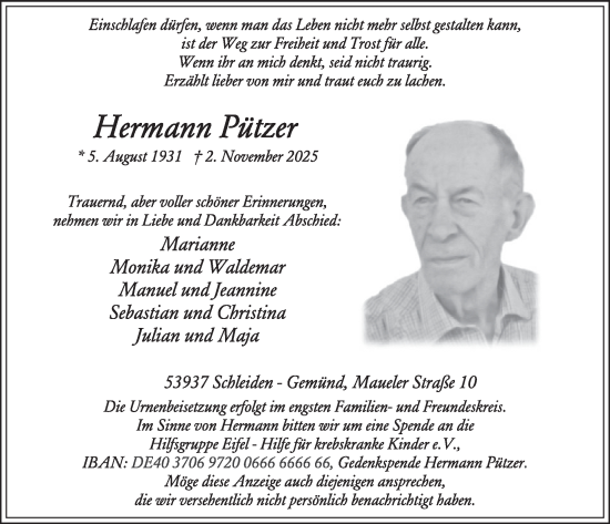 Traueranzeige von Hermann Pützer von WochenSpiegel