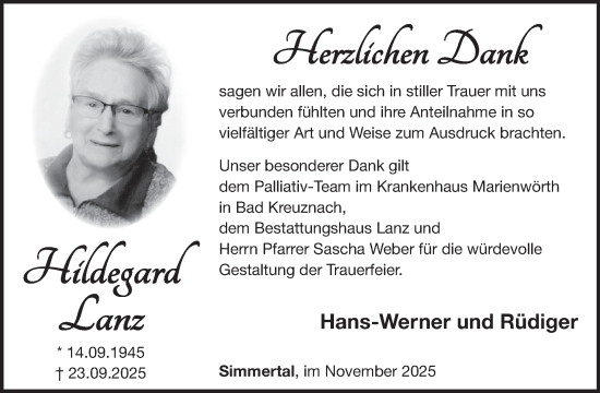 Traueranzeige von Hildegard Lanz von WochenSpiegel