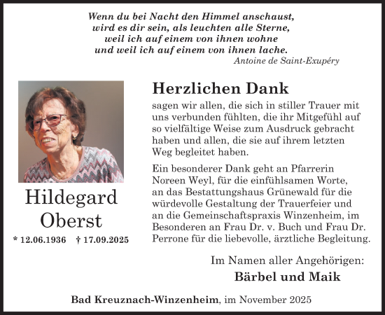 Traueranzeige von Hildegard Oberst von WochenSpiegel