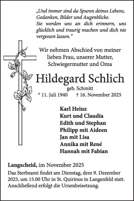 Traueranzeige von Hildegard Schlich von WochenSpiegel