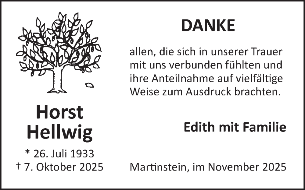  Traueranzeige für Horst Hellwig vom 08.11.2025 aus WochenSpiegel