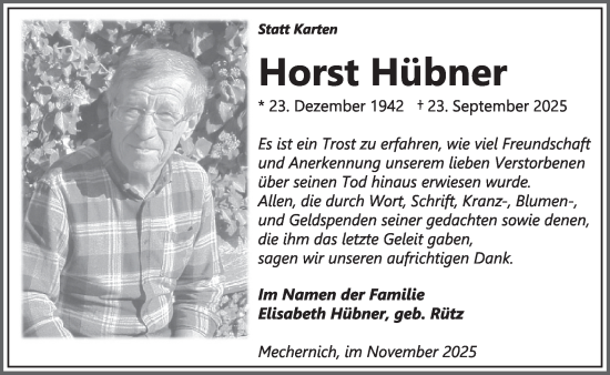 Traueranzeige von Horst Hübner von WochenSpiegel