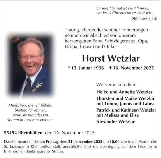 Traueranzeige von Horst Wetzlar von WochenSpiegel