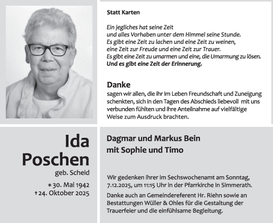 Traueranzeige von Ida Poschen von WochenSpiegel