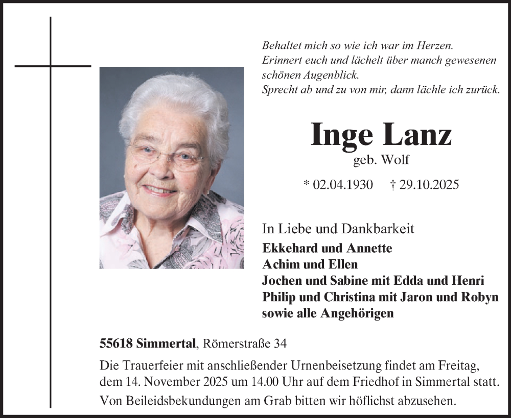  Traueranzeige für Inge Lanz vom 08.11.2025 aus WochenSpiegel