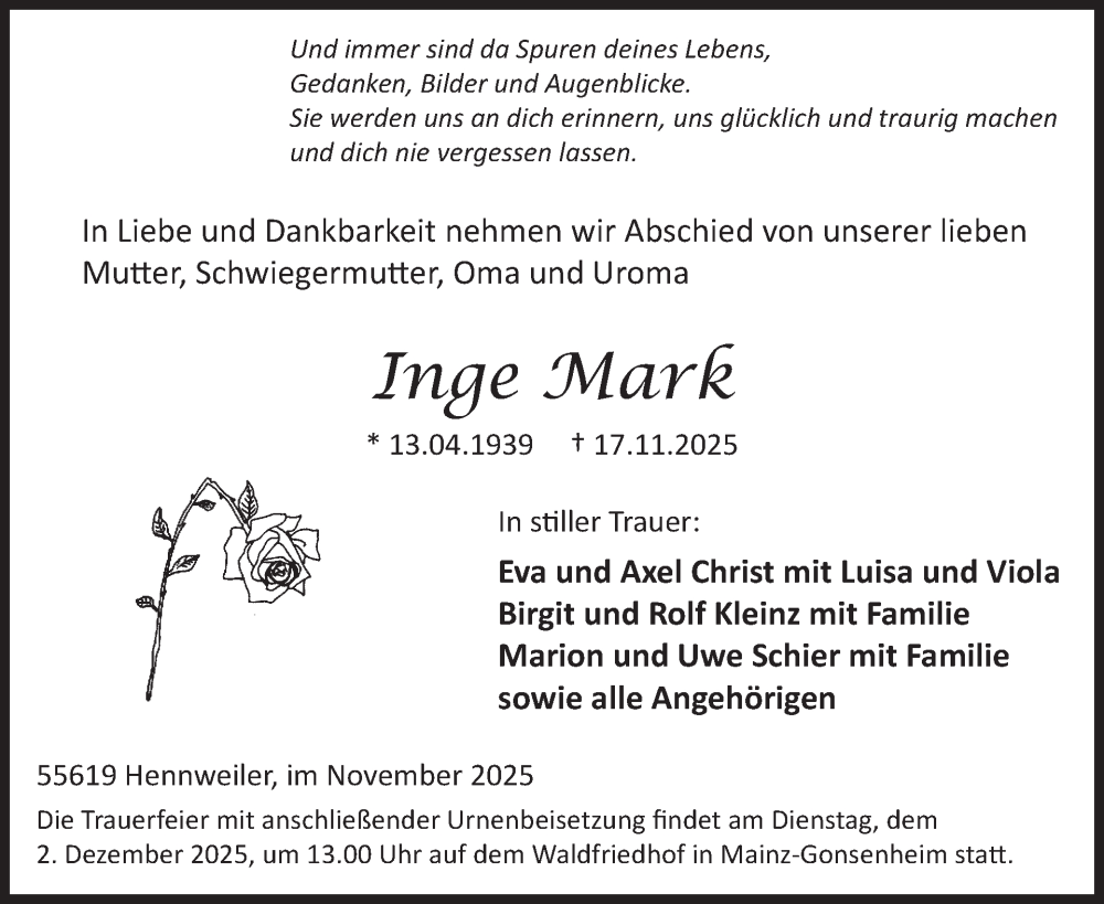  Traueranzeige für Inge Mark vom 29.11.2025 aus WochenSpiegel