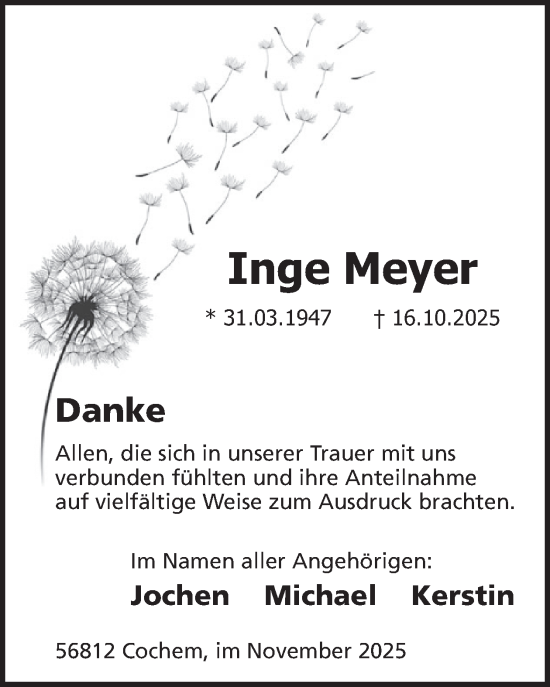 Traueranzeige von Inge Meyer von WochenSpiegel