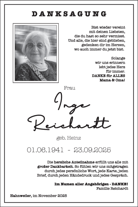 Traueranzeige von Inge Reichardt von WochenSpiegel
