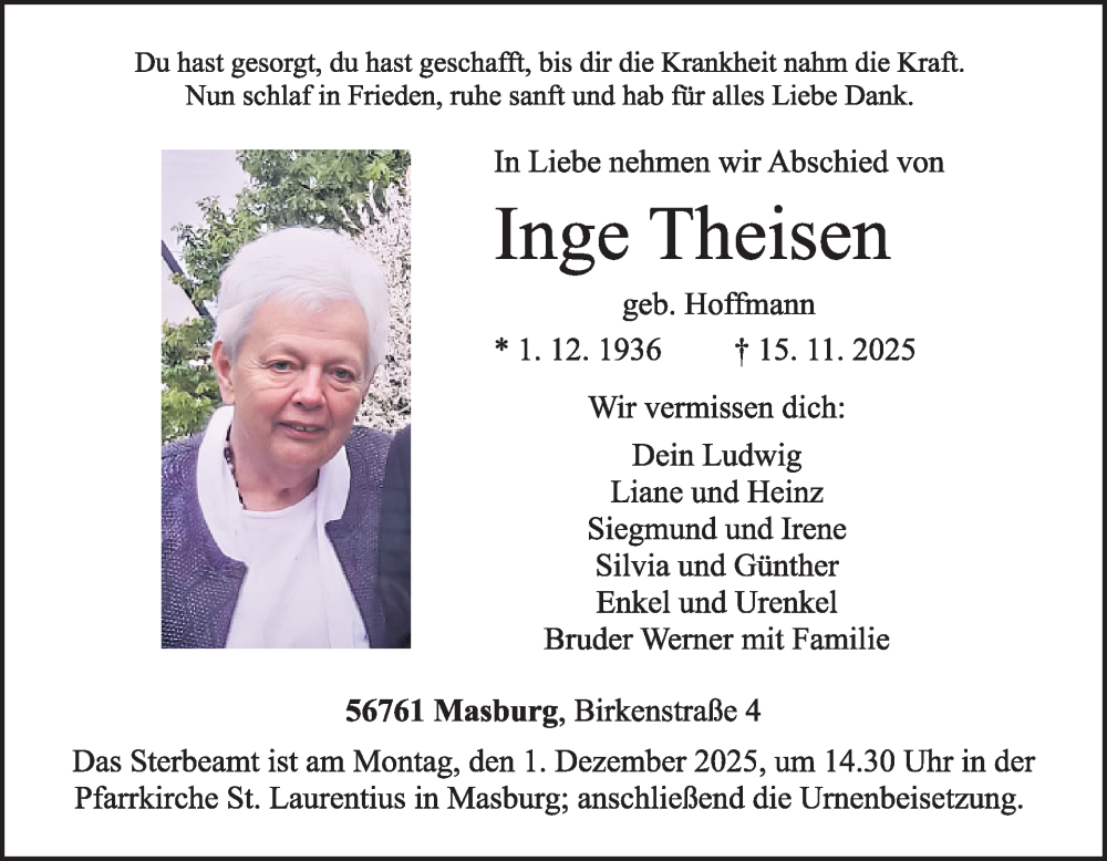  Traueranzeige für Inge Theisen vom 26.11.2025 aus WochenSpiegel