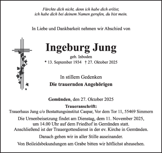 Traueranzeige von Ingeburg Jung von WochenSpiegel
