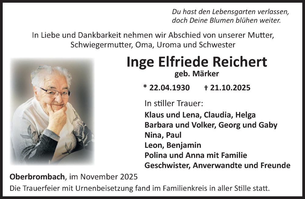  Traueranzeige für Inge Elfriede Reichert vom 22.11.2025 aus WochenSpiegel