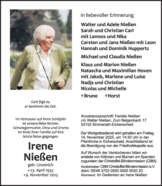 Traueranzeige von Irene Nießen von WochenSpiegel