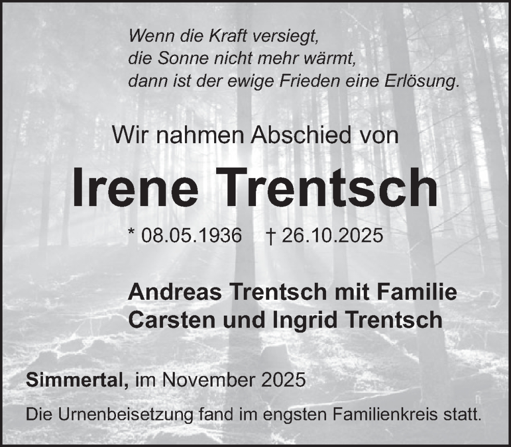 Traueranzeige für Irene Trentsch vom 15.11.2025 aus WochenSpiegel