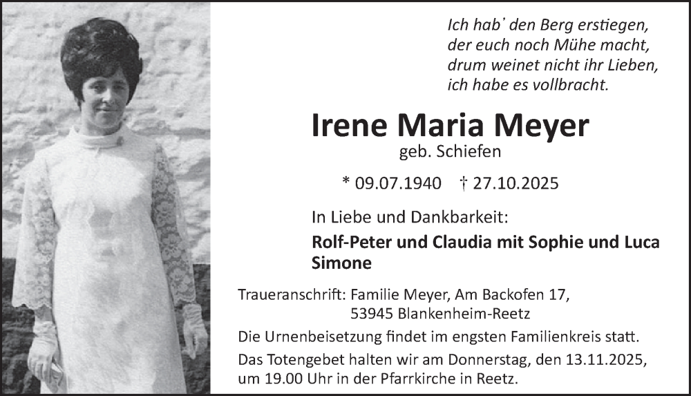  Traueranzeige für Irene Maria Meyer vom 05.11.2025 aus WochenSpiegel
