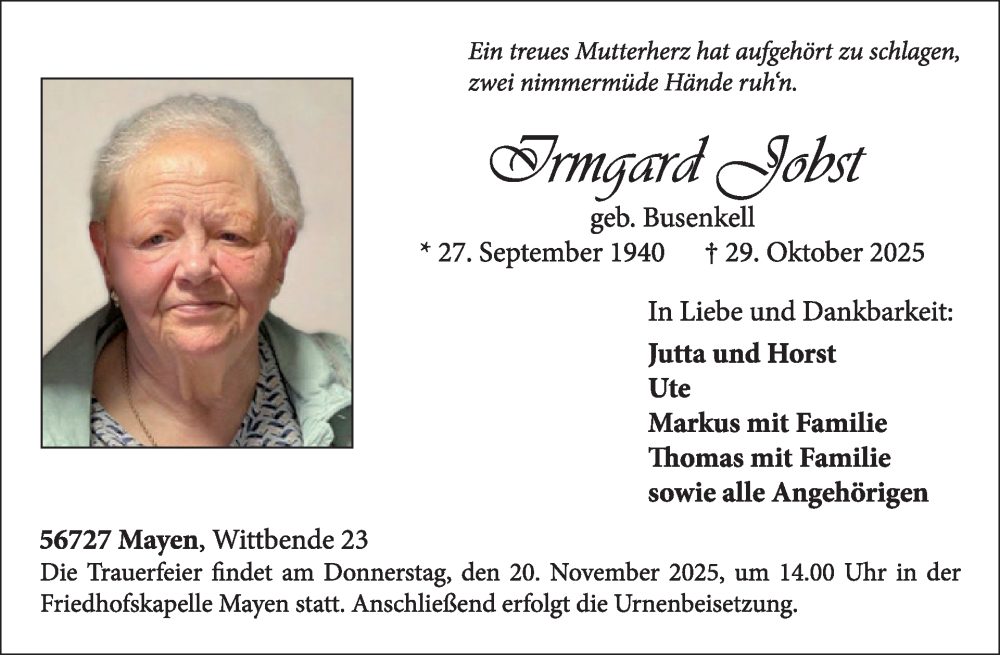  Traueranzeige für Irmgard Jobst vom 12.11.2025 aus WochenSpiegel