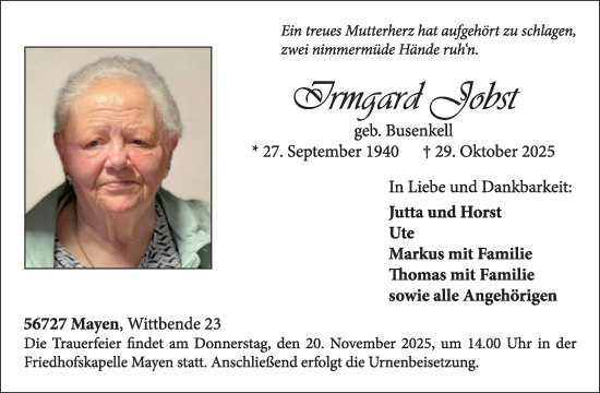 Traueranzeige von Irmgard Jobst von WochenSpiegel