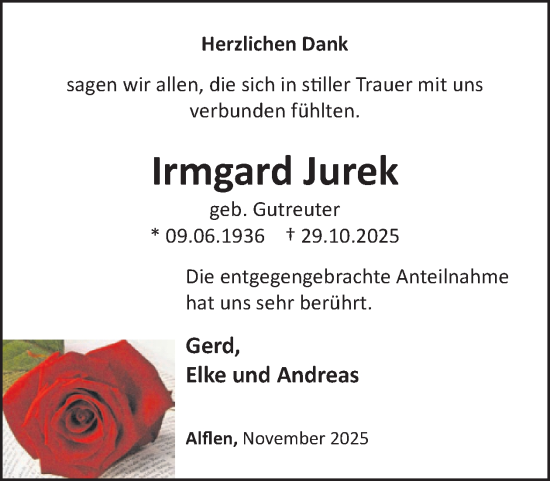 Traueranzeige von Irmgard Jurek von WochenSpiegel