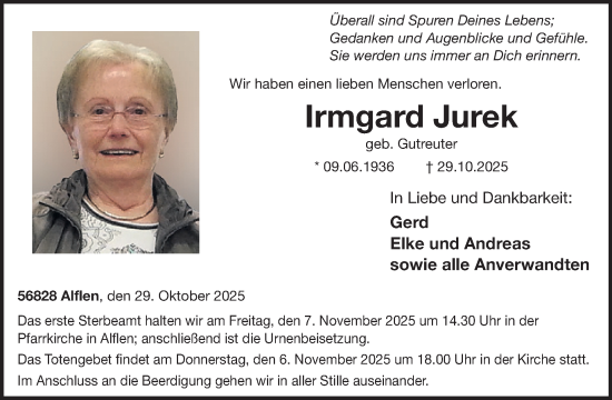 Traueranzeige von Irmgard Jurek von WochenSpiegel