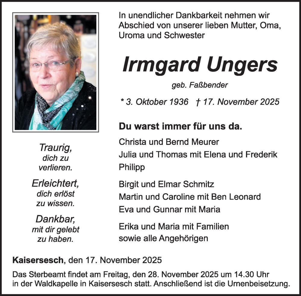  Traueranzeige für Irmgard Ungers vom 26.11.2025 aus WochenSpiegel