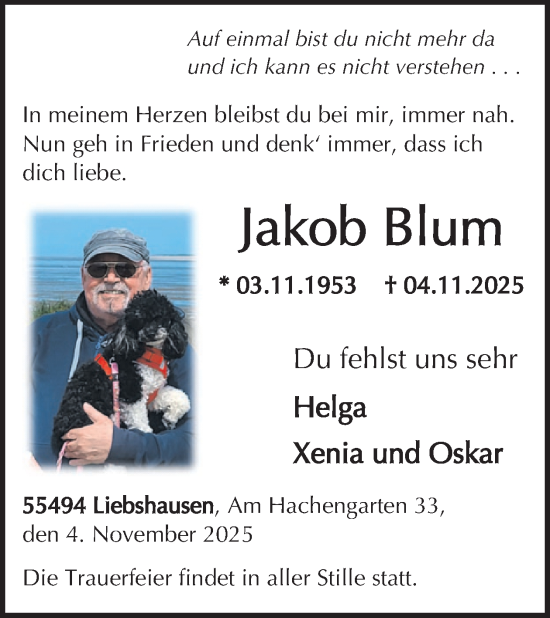 Traueranzeige von Jakob Blum von WochenSpiegel