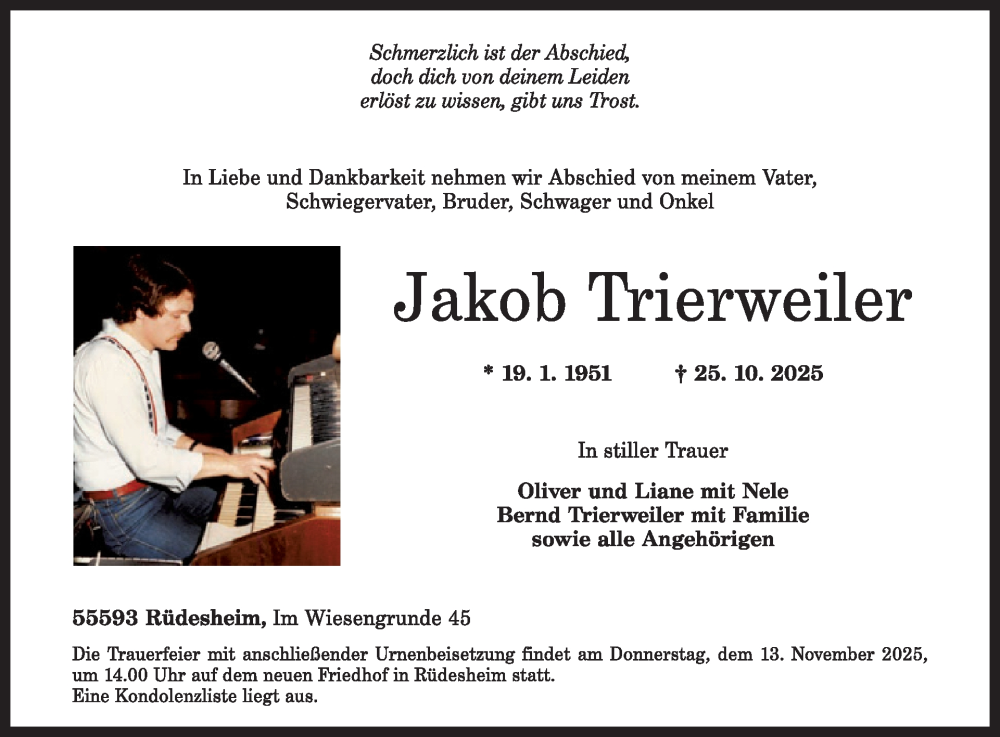  Traueranzeige für Jakob Trierweiler vom 08.11.2025 aus WochenSpiegel