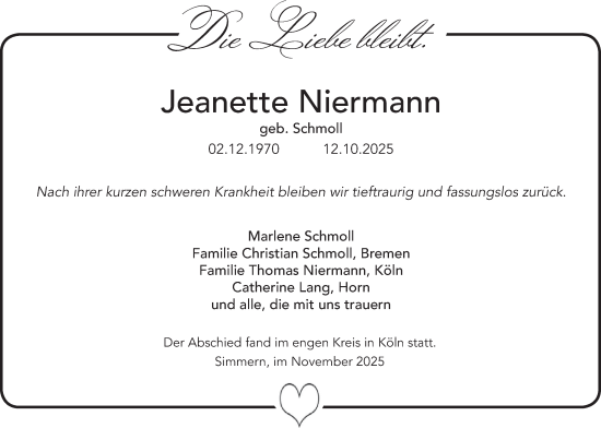 Traueranzeige von Jeanette Niermann von WochenSpiegel