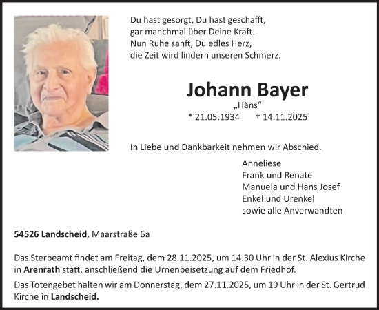 Traueranzeige von Johann Bayer von WochenSpiegel