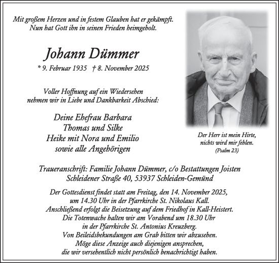Traueranzeige von Johann Dümmer von WochenSpiegel
