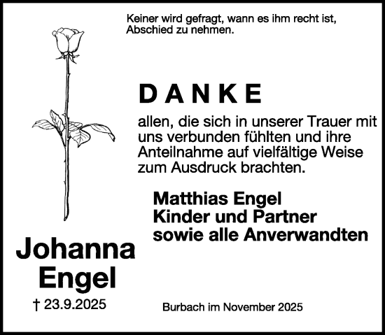 Traueranzeige von Johanna Engel von WochenSpiegel