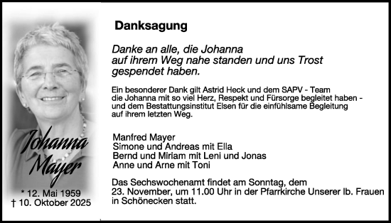 Traueranzeige von Johanna Mayer von WochenSpiegel