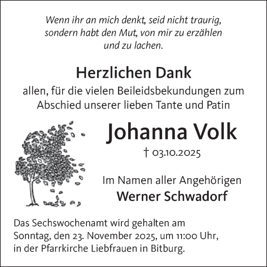 Traueranzeige von Johanna Volk von WochenSpiegel
