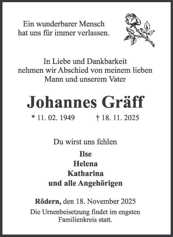 Traueranzeige von Johannes Gräff von WochenSpiegel