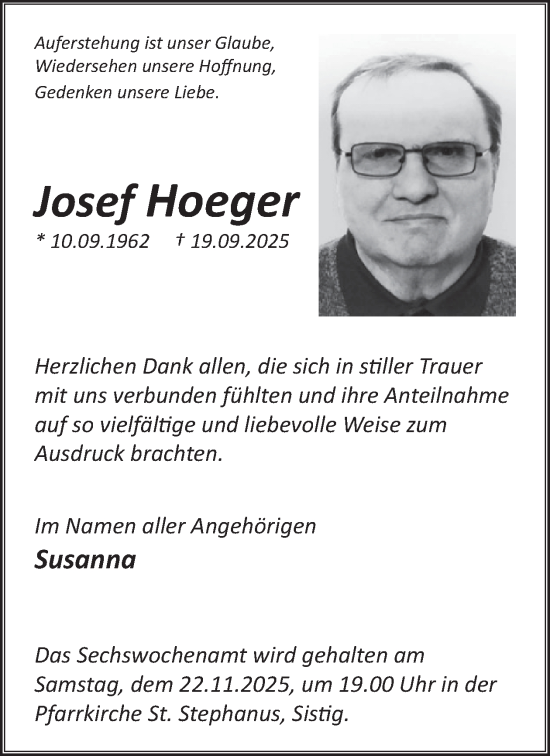 Traueranzeige von Josef Hoeger von WochenSpiegel