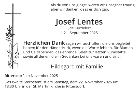 Traueranzeige von Josef Lentes von WochenSpiegel